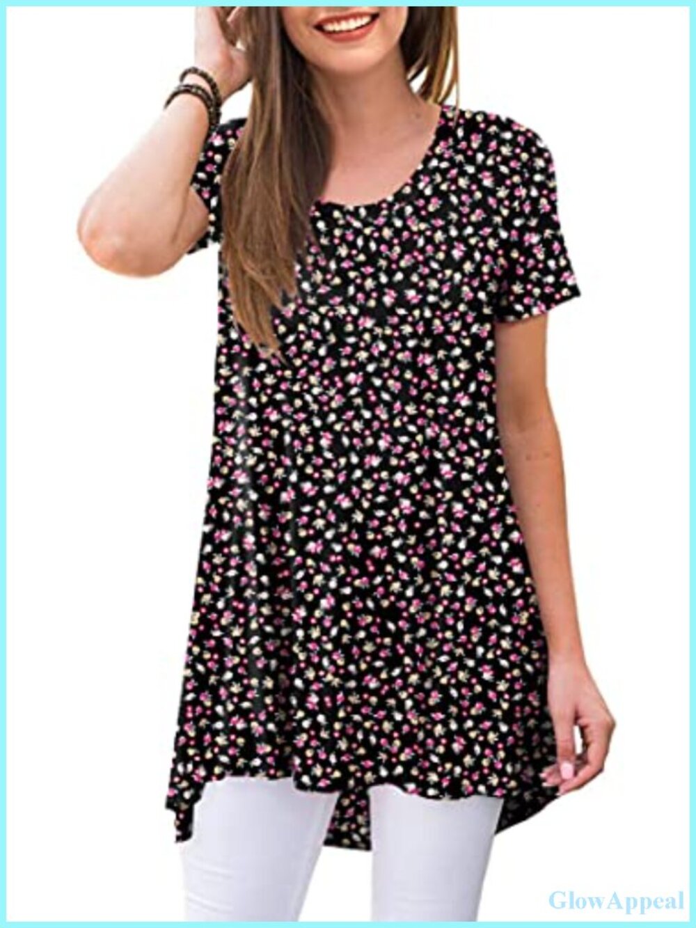 Women's Tunic Top Short Sleeve Crew Neck Flowy Long Blouse